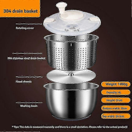 6L Stainless Steel Salad Spinner with PP Lid, Fruit & Veg Washer.