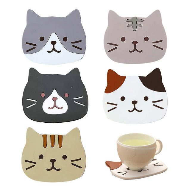 5pcs Cute Cartoon Cat Silicone Drink Coasters Decorative Table Coasters.
