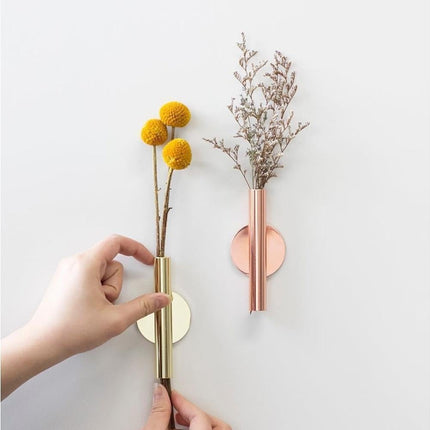 Wall Mounted Adhesive Metal Dried Flower Vase Tube Home Garden Balcony Decor-Rose Gold.