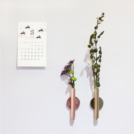 Wall Mounted Adhesive Metal Dried Flower Vase Tube Home Garden Balcony Decor-Rose Gold.