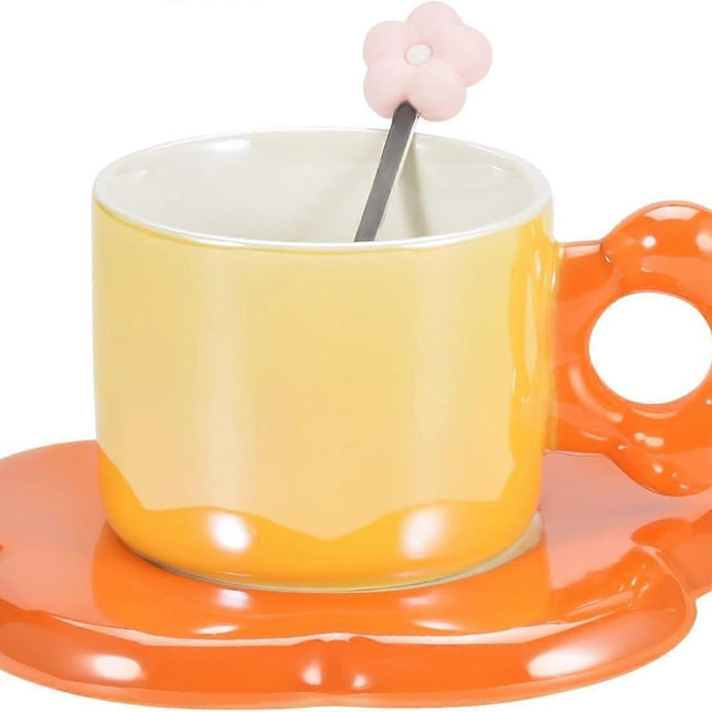 Ceramic Coffee Cup & Saucer Set Flower Mug Demitasse 10oz Pearl Orange.