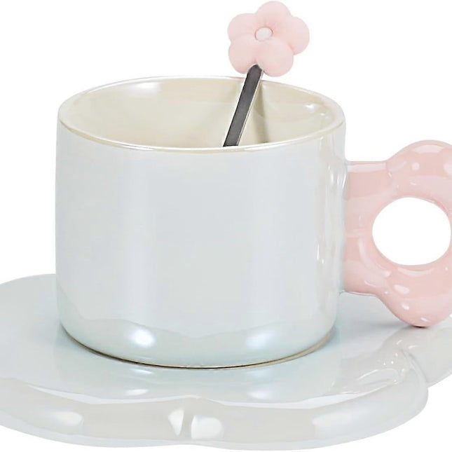Ceramic Coffee Cup & Saucer Set Flower Mug Demitasse 10oz Pearl Blue.