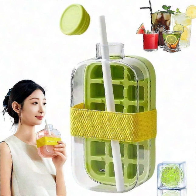 2-in-1 Ice Cube Tray Water Bottle with Straw Easy Release Freezer Bottle.