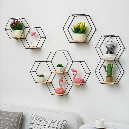 Nordic Hexagonal Iron Stand Small Pot Wall Holder Home Shelf Storage Holder-Golden M.
