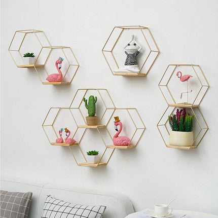 Nordic Hexagonal Iron Stand Small Pot Wall Holder Home Shelf Storage Holder-Golden M.