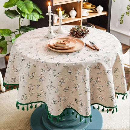 150cm Floral Printed Cotton Linen Round Tablecloth, Washable Fringed Round Table Cloth, Small Round Stain Proof Tablecloth Decorate Used For Dining Table.