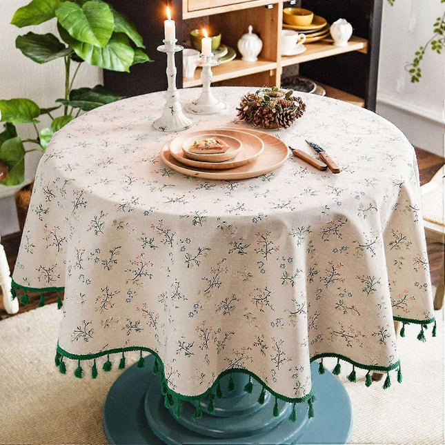 150cm Floral Printed Cotton Linen Round Tablecloth, Washable Fringed Round Table Cloth, Small Round Stain Proof Tablecloth Decorate Used For Dining Table.