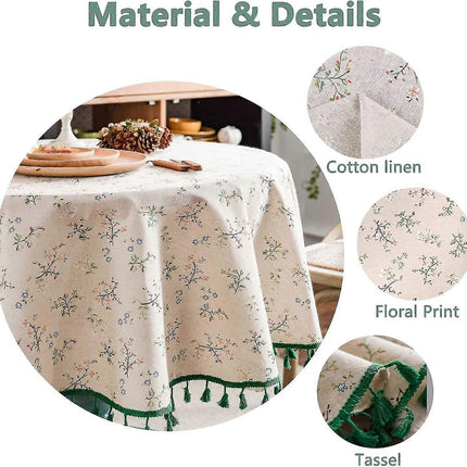 150cm Floral Printed Cotton Linen Round Tablecloth, Washable Fringed Round Table Cloth, Small Round Stain Proof Tablecloth Decorate Used For Dining Table.