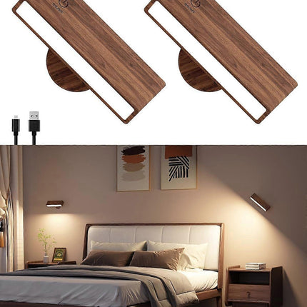 Battery Operated Wall Sconces Set of 2, Rechargeable Wood Wall Lights, Stick On.