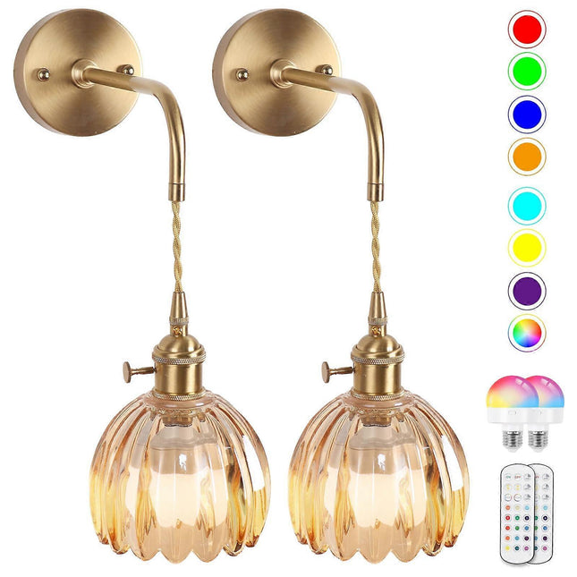 Battery Operated Wall Sconces Set of 2, Vintage Amber Glass, Rechargeable, Remote Dimmable.