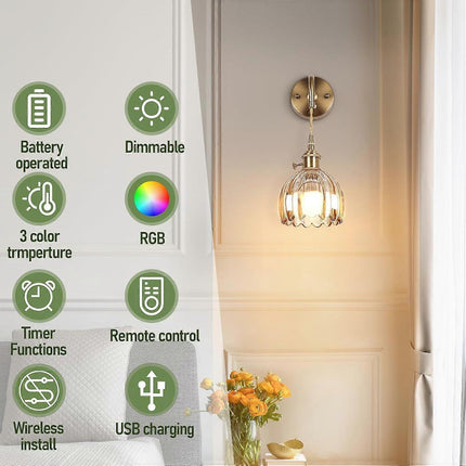 Battery Operated Wall Sconces Set of 2, Vintage Amber Glass, Rechargeable, Remote Dimmable.
