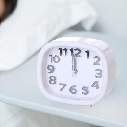 Table Clock Low Noise Multi-functional Round Small Bedside Analog Alarm Clock for Daily Use - White.