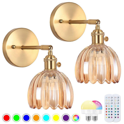 Battery Operated Wall Sconce Set of 2, Vintage Gold Amber Glass, Rechargeable LED, Remote.