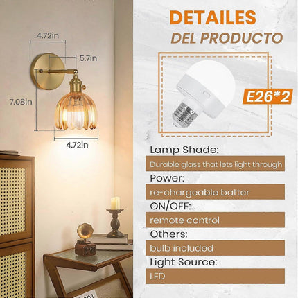 Battery Operated Wall Sconce Set of 2, Vintage Gold Amber Glass, Rechargeable LED, Remote.