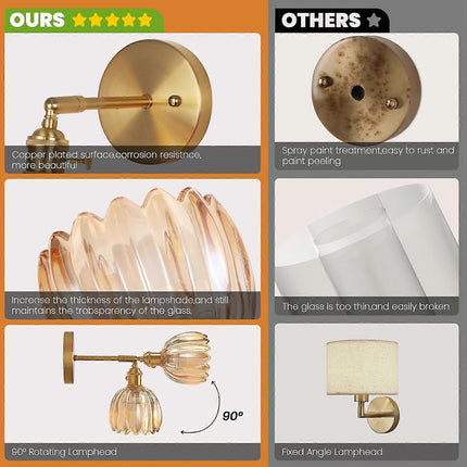 Battery Operated Wall Sconce Set of 2, Vintage Gold Amber Glass, Rechargeable LED, Remote.