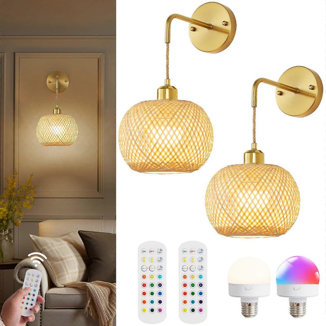 Battery Operated Wall Sconce Set of 2, Rechargeable Rattan RGB Light, Remote, Bedroom.