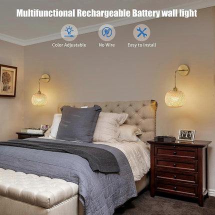 Battery Operated Wall Sconce Set of 2, Rechargeable Rattan RGB Light, Remote, Bedroom.
