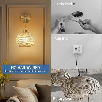 Battery Operated Wall Sconce Set of 2, Rechargeable Rattan RGB Light, Remote, Bedroom.