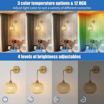 Battery Operated Wall Sconce Set of 2, Rechargeable Rattan RGB Light, Remote, Bedroom.