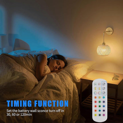 Battery Operated Wall Sconce Set of 2, Rechargeable Rattan RGB Light, Remote, Bedroom.