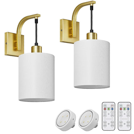 Battery Operated Wall Sconces Set of 2, Dimmable Wireless LED Lights, Remote, Gold.