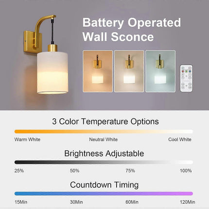 Battery Operated Wall Sconces Set of 2, Dimmable Wireless LED Lights, Remote, Gold.