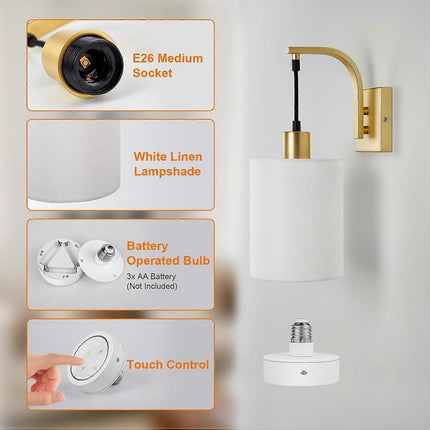 Battery Operated Wall Sconces Set of 2, Dimmable Wireless LED Lights, Remote, Gold.