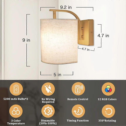 Battery Operated Wall Sconces Set of 2, Rechargeable LED Lights, Remote, 12 RGB Colors, Gold.