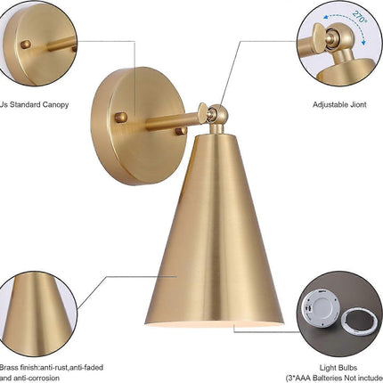 Modern Gold Battery Operated Wall Sconces Set of 2, Remote Dimming, Dual Color, Adjustable.