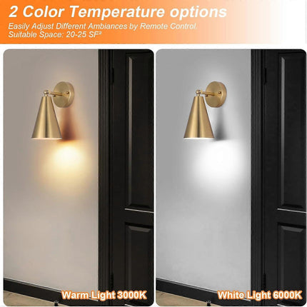 Modern Gold Battery Operated Wall Sconces Set of 2, Remote Dimming, Dual Color, Adjustable.
