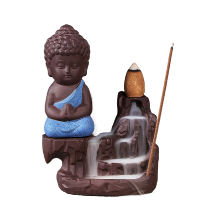 Porcelain Clay Little Buddha Censer Backflow Incense Burner Holder Ornament-Blue.