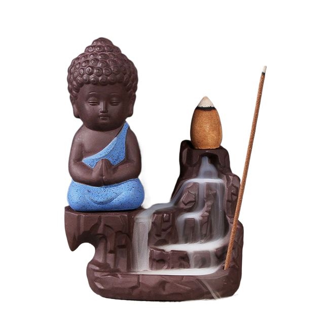 Porcelain Clay Little Buddha Censer Backflow Incense Burner Holder Ornament-Blue.