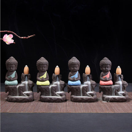 Porcelain Clay Little Buddha Censer Backflow Incense Burner Holder Ornament-Blue.