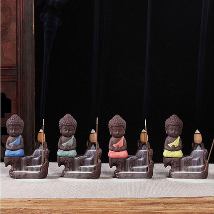 Porcelain Clay Little Buddha Censer Backflow Incense Burner Holder Ornament-Blue.