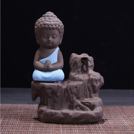 Porcelain Clay Little Buddha Censer Backflow Incense Burner Holder Ornament-Blue.