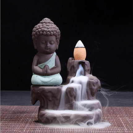 Porcelain Clay Little Buddha Censer Backflow Incense Burner Holder Ornament-Blue.