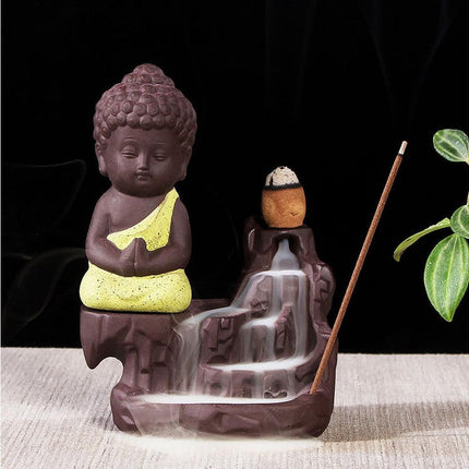 Porcelain Clay Little Buddha Censer Backflow Incense Burner Holder Ornament-Blue.