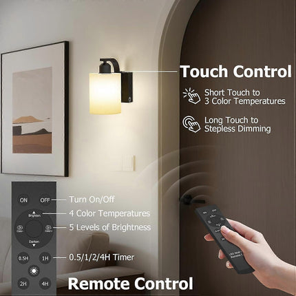 Battery Operated Wall Sconces Set of 2, Rechargeable LED, Touch & Remote Control, Black.