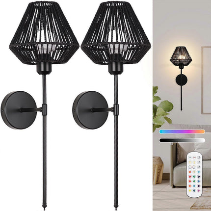 Battery Operated Wall Sconces Set of 2, Boho Rattan LED, Rechargeable, Remote, RGB Dimmable.