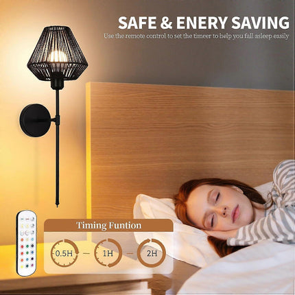 Battery Operated Wall Sconces Set of 2, Boho Rattan LED, Rechargeable, Remote, RGB Dimmable.
