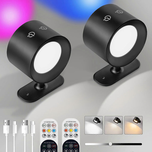 Battery Operated Wall Sconce Set of 2, Rechargeable RGB LED Lights, Remote, Black.