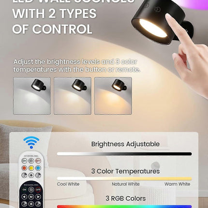 Battery Operated Wall Sconce Set of 2, Rechargeable RGB LED Lights, Remote, Black.