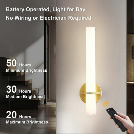 Gold Battery Operated Wall Sconce Set of 2, Rechargeable Wireless LED, Remote, Dimmable 3000K-6000K.