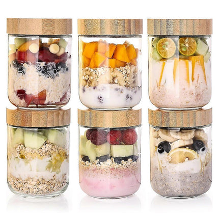 6 Pack 16oz Glass Oats Containers with Bamboo Lids Wide Mouth Salad Jars.