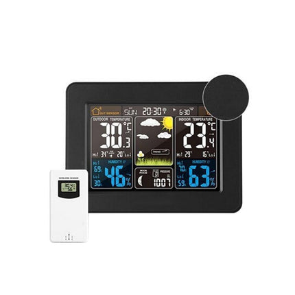 Wireless Weather Station Alarm Clock Thermometer Calendar with Outdoor Sensor - Black.