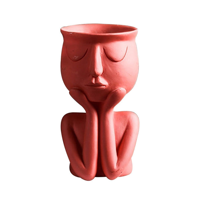 Human Think Face Ceramic Home Plants Flower Pot Vase Planter Tabletop Decoration-Red.