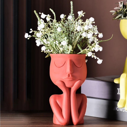Human Think Face Ceramic Home Plants Flower Pot Vase Planter Tabletop Decoration-Red.