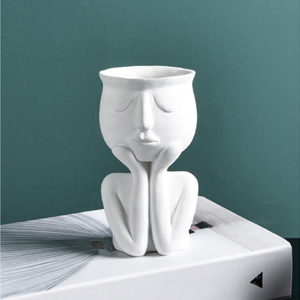 Human Think Face Ceramic Home Plants Flower Pot Vase Planter Tabletop Decoration-Red.