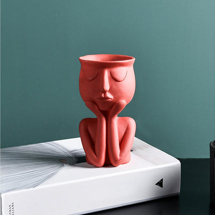 Human Think Face Ceramic Home Plants Flower Pot Vase Planter Tabletop Decoration-Red.