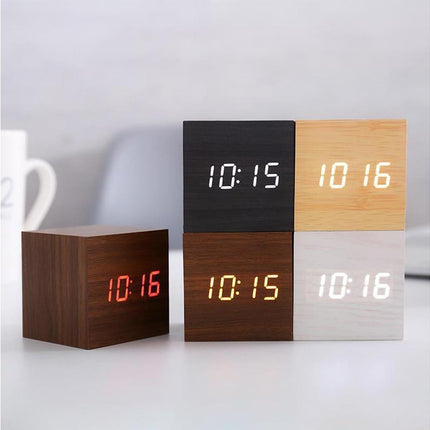 Wooden Sound Control Square LED Digital USB/AAA Electronic Table Alarm Clock - Beige Yellow.